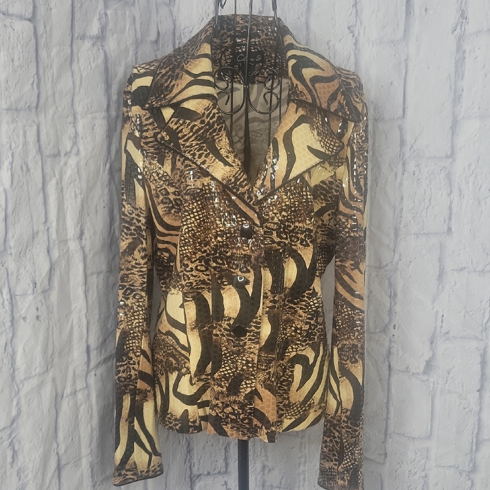 Clara S Shiny Animal Print‎ Fierce Safari Glam Blazer Medium